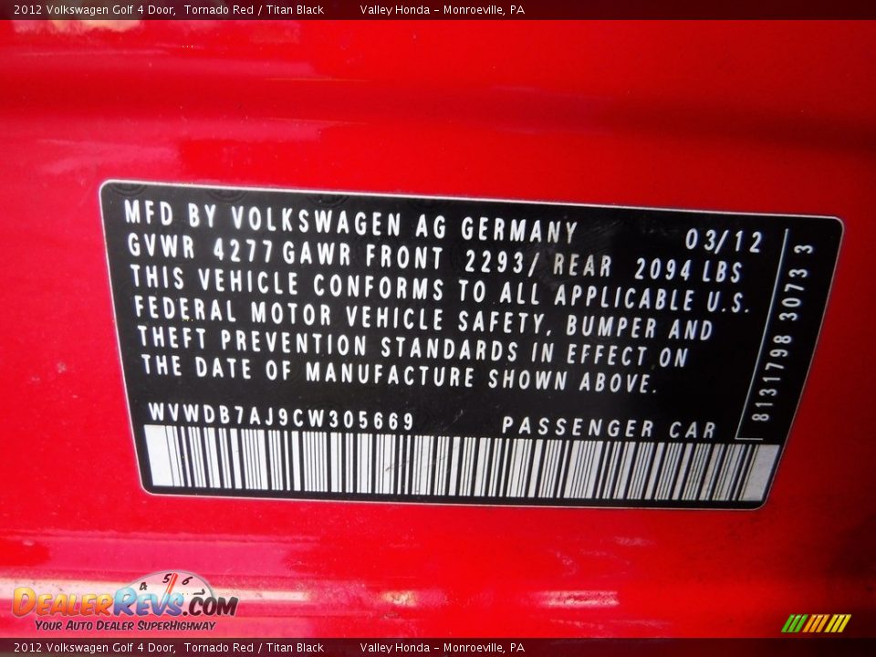2012 Volkswagen Golf 4 Door Tornado Red / Titan Black Photo #27