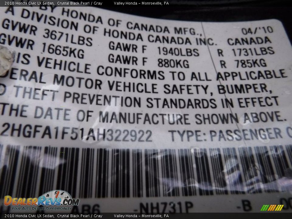 2010 Honda Civic LX Sedan Crystal Black Pearl / Gray Photo #22