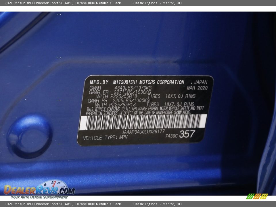 2020 Mitsubishi Outlander Sport SE AWC Octane Blue Metallic / Black Photo #22