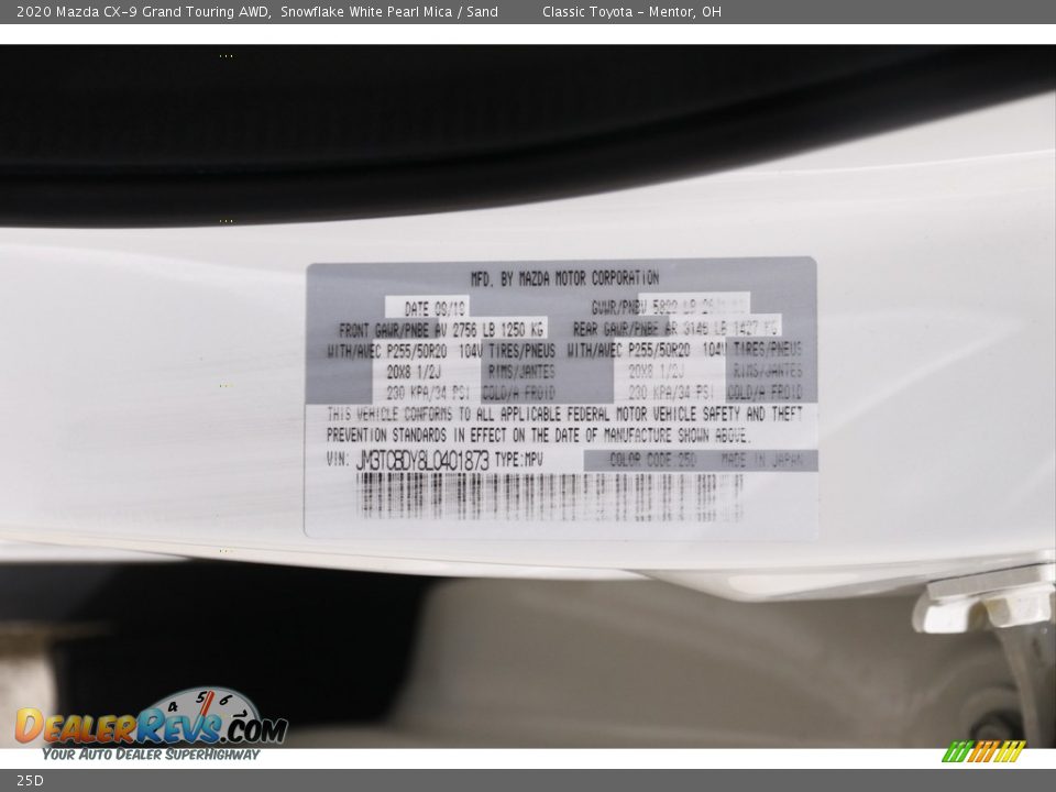 Mazda Color Code 25D Snowflake White Pearl Mica