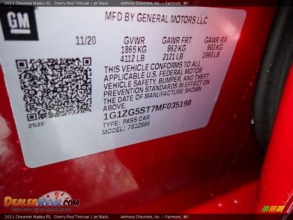 2021 Chevrolet Malibu RS Cherry Red Tintcoat / Jet Black Photo #15