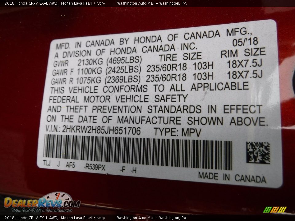 2018 Honda CR-V EX-L AWD Molten Lava Pearl / Ivory Photo #34