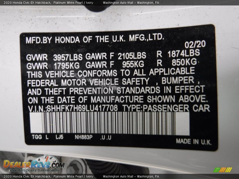 2020 Honda Civic EX Hatchback Platinum White Pearl / Ivory Photo #29