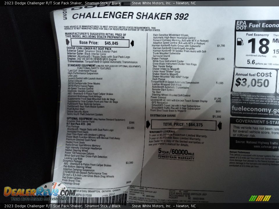 2023 Dodge Challenger R/T Scat Pack Shaker Window Sticker Photo #30