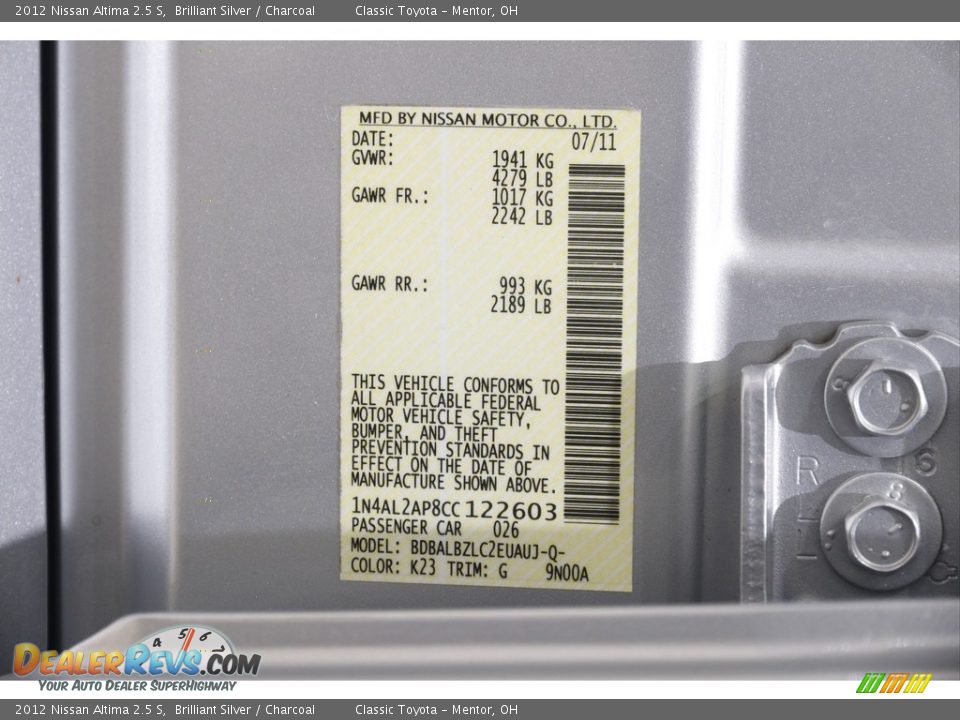 2012 Nissan Altima 2.5 S Brilliant Silver / Charcoal Photo #19
