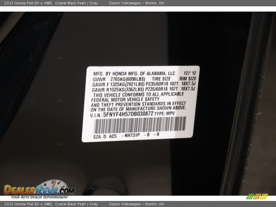 2013 Honda Pilot EX-L 4WD Crystal Black Pearl / Gray Photo #22