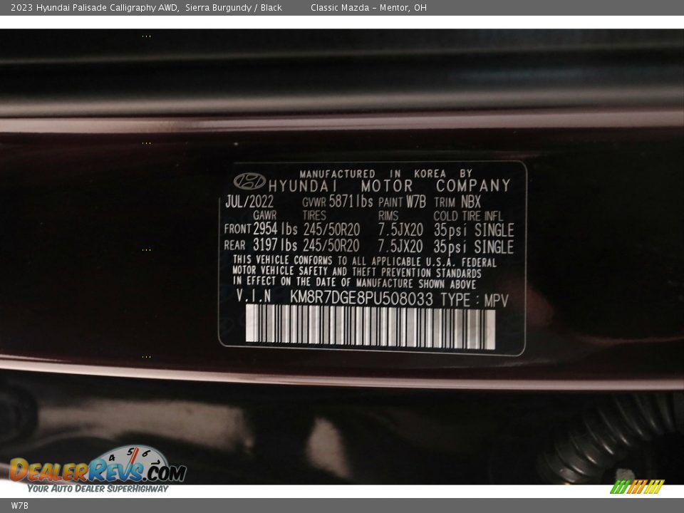 Hyundai Color Code W7B Sierra Burgundy