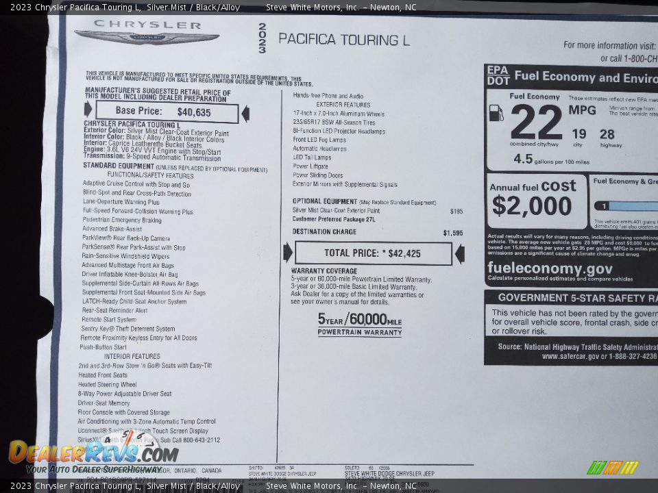 2023 Chrysler Pacifica Touring L Window Sticker Photo #29