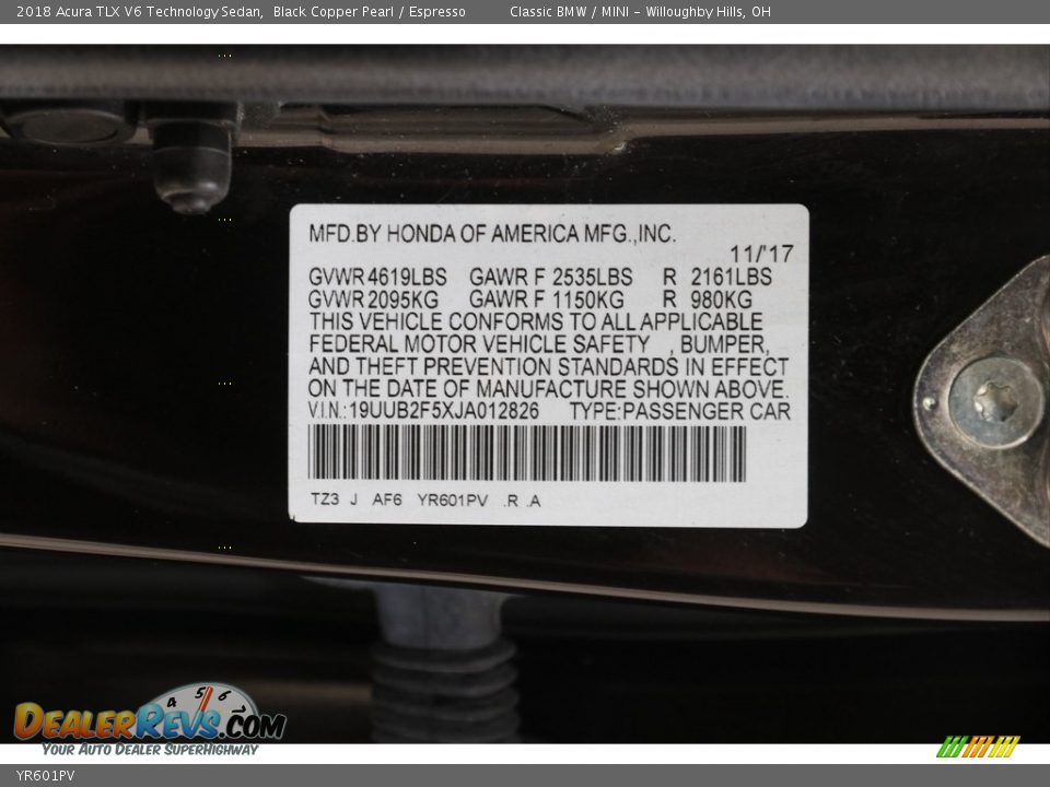 Acura Color Code YR601PV Black Copper Pearl