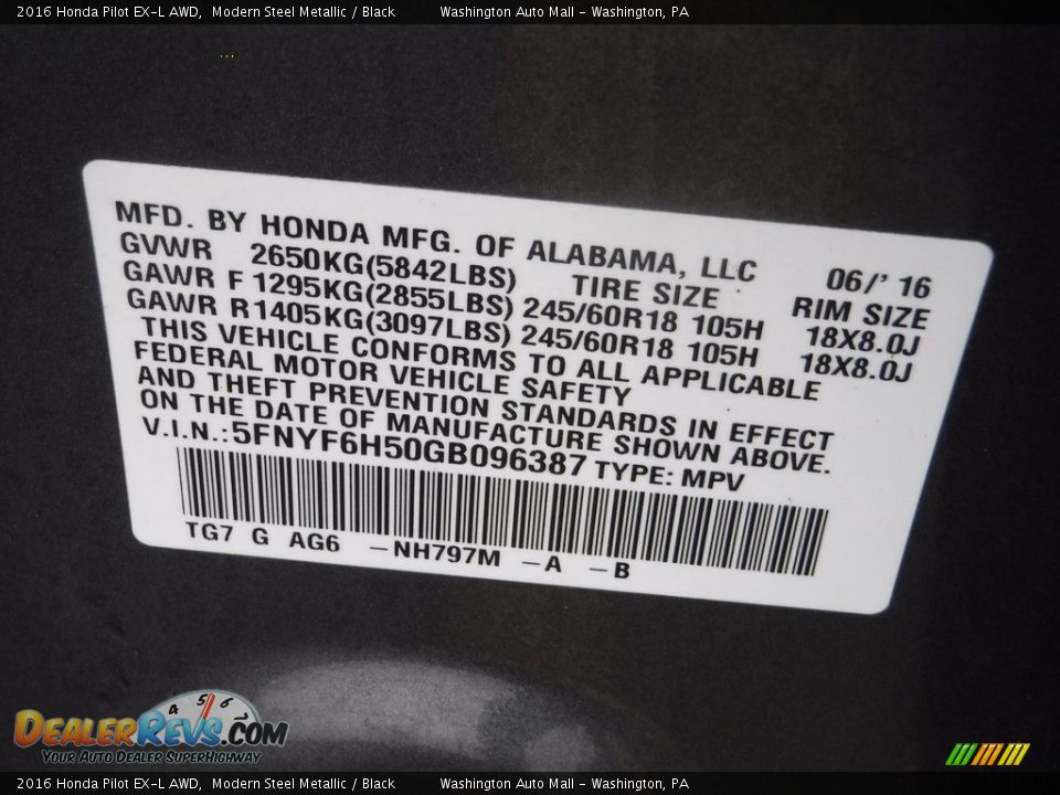 2016 Honda Pilot EX-L AWD Modern Steel Metallic / Black Photo #32