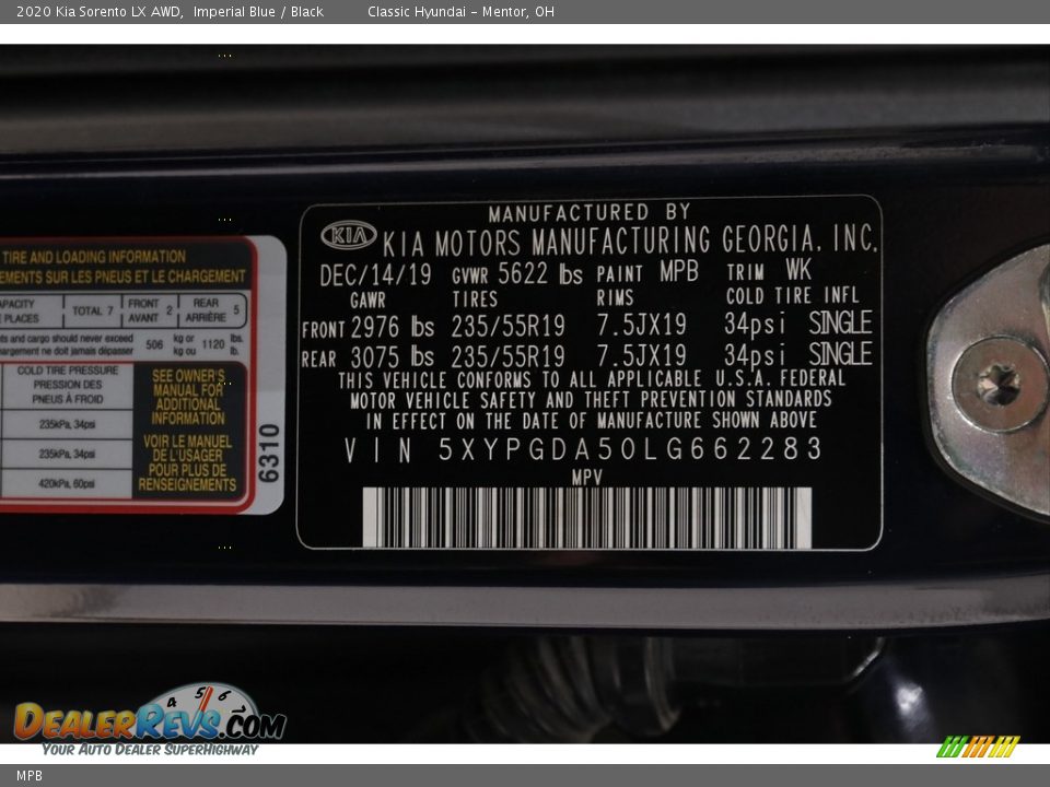 Kia Color Code MPB Imperial Blue