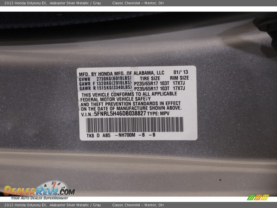 2013 Honda Odyssey EX Alabaster Silver Metallic / Gray Photo #21