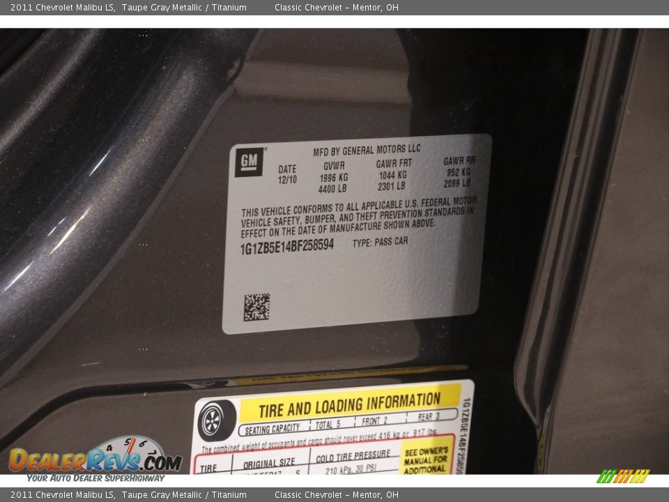 2011 Chevrolet Malibu LS Taupe Gray Metallic / Titanium Photo #17