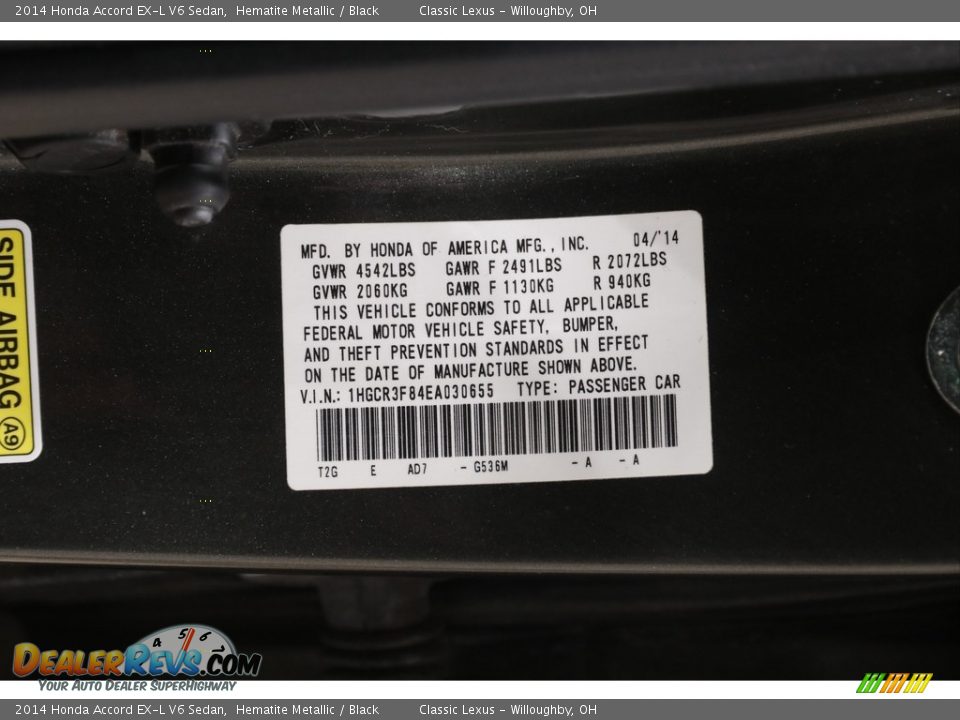 2014 Honda Accord EX-L V6 Sedan Hematite Metallic / Black Photo #22