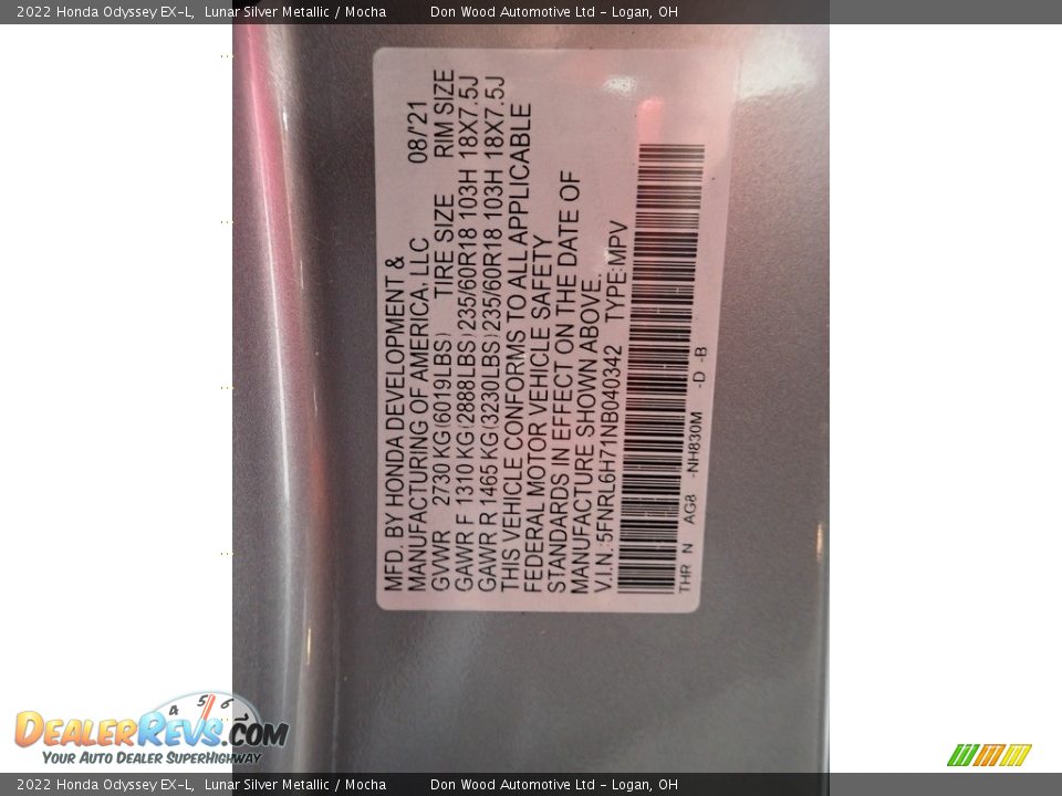 2022 Honda Odyssey EX-L Lunar Silver Metallic / Mocha Photo #36