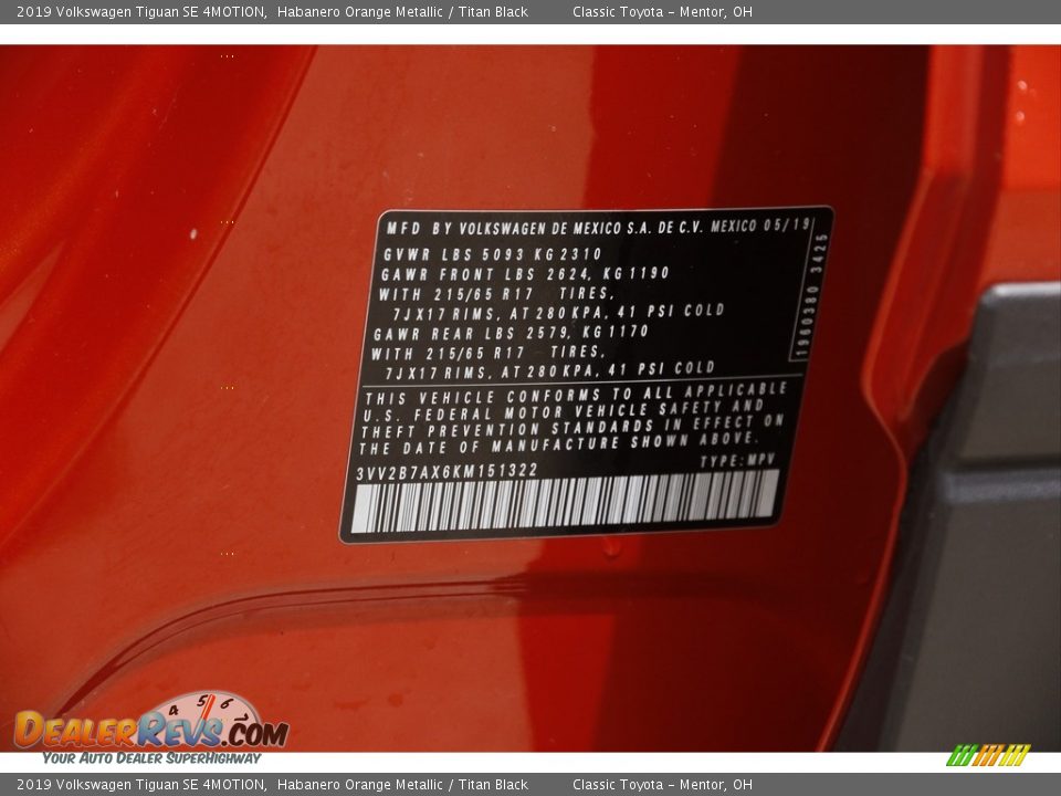 2019 Volkswagen Tiguan SE 4MOTION Habanero Orange Metallic / Titan Black Photo #20