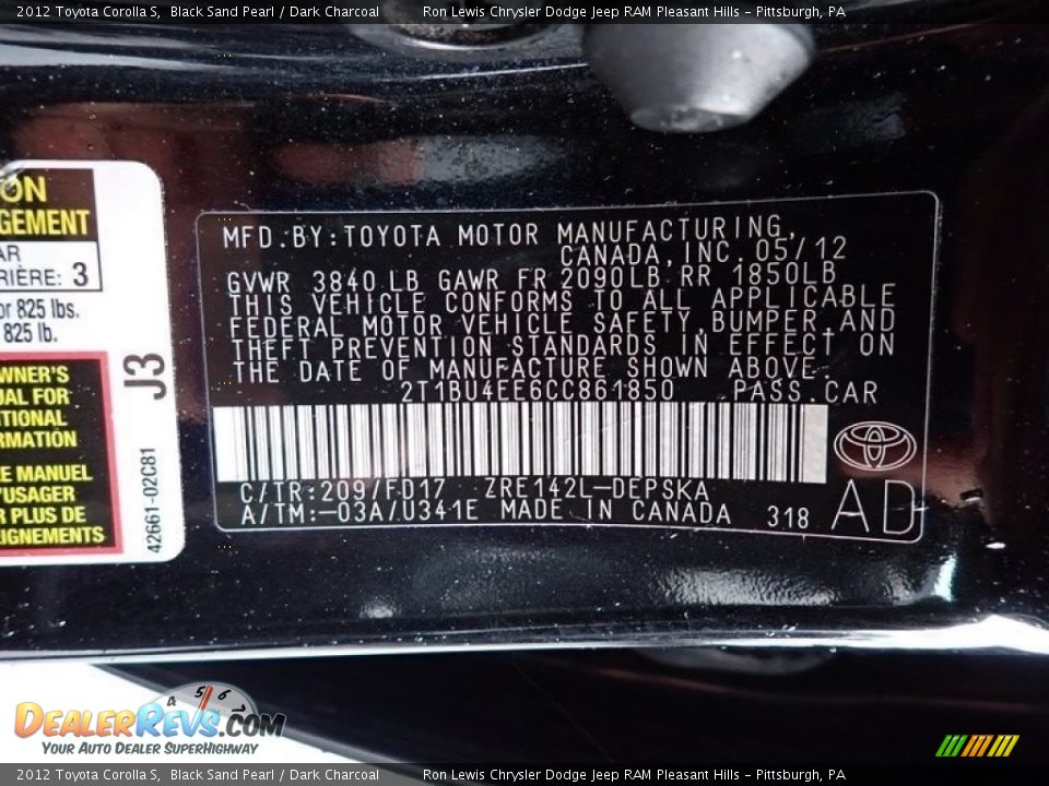 2012 Toyota Corolla S Black Sand Pearl / Dark Charcoal Photo #15