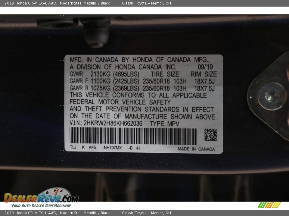 2019 Honda CR-V EX-L AWD Modern Steel Metallic / Black Photo #21