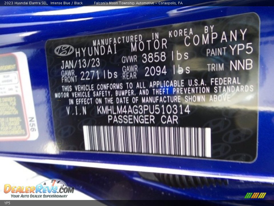 Hyundai Color Code YP5 Intense Blue