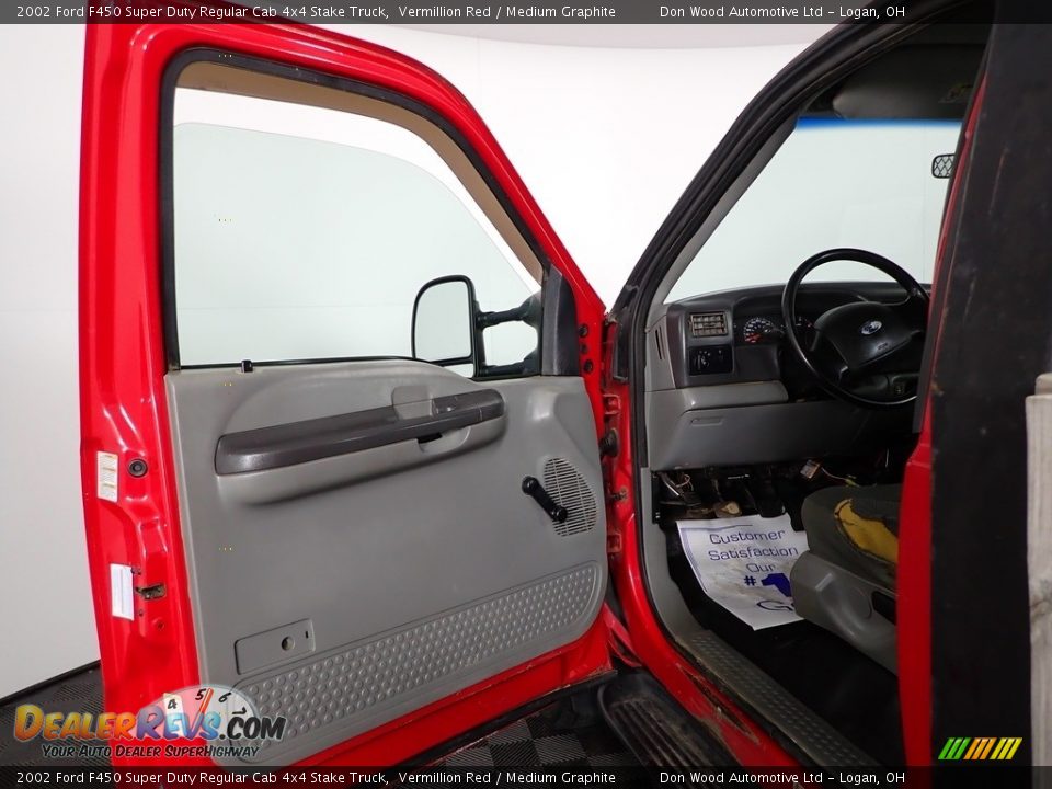2002 Ford F450 Super Duty Regular Cab 4x4 Stake Truck Vermillion Red / Medium Graphite Photo #7