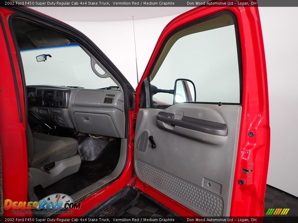 2002 Ford F450 Super Duty Regular Cab 4x4 Stake Truck Vermillion Red / Medium Graphite Photo #13