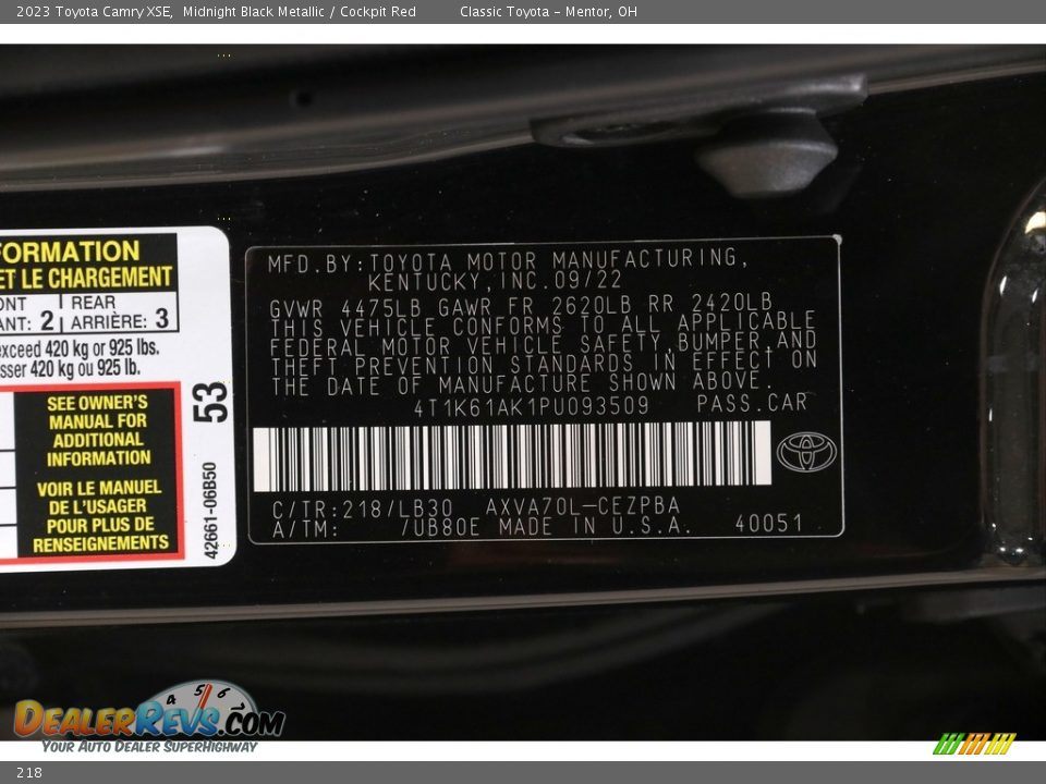 Toyota Color Code 218 Midnight Black Metallic