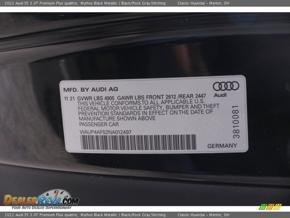 2022 Audi S5 3.0T Premium Plus quattro Mythos Black Metallic / Black/Rock Gray Stitching Photo #22