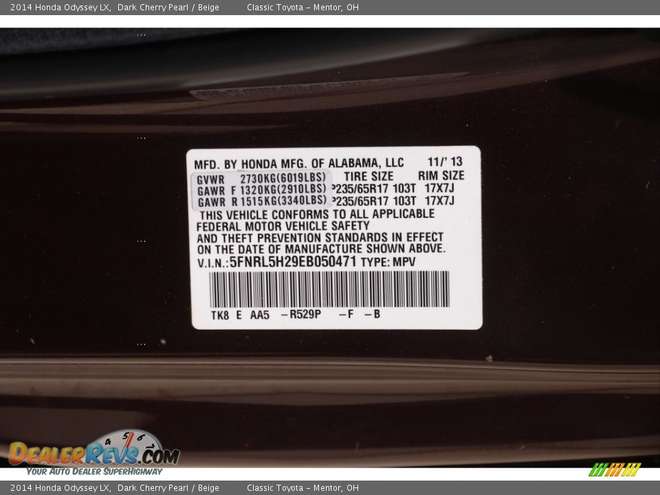 2014 Honda Odyssey LX Dark Cherry Pearl / Beige Photo #21