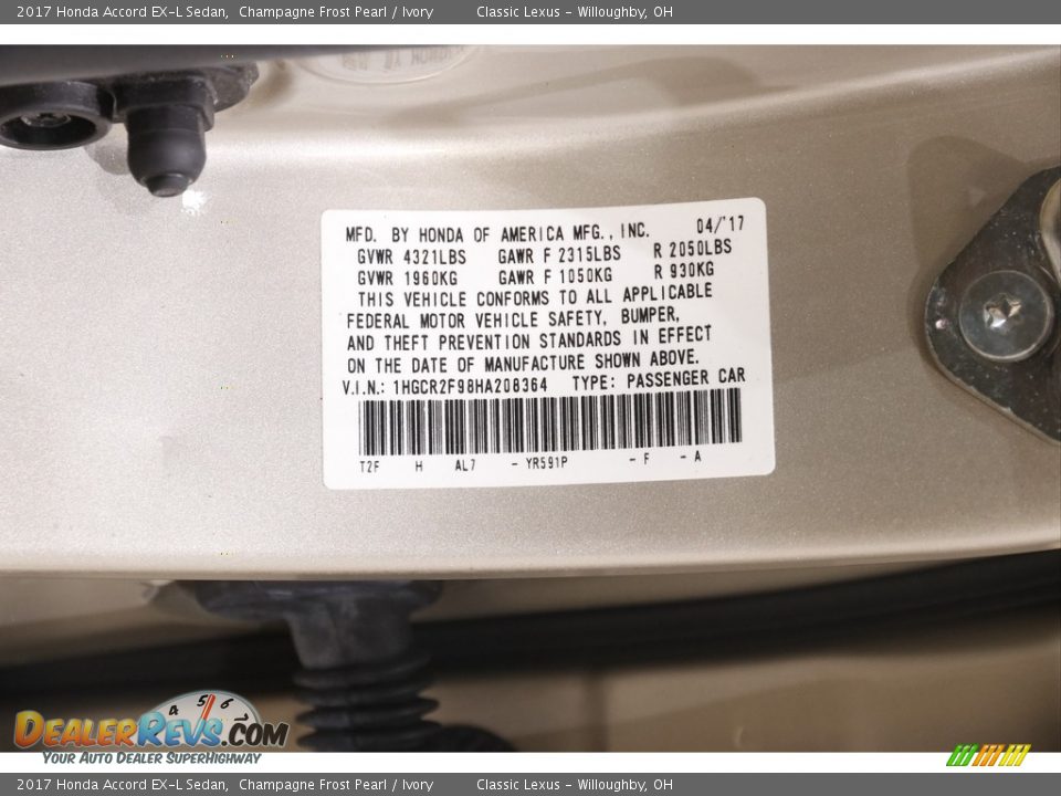 2017 Honda Accord EX-L Sedan Champagne Frost Pearl / Ivory Photo #23