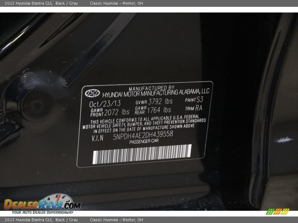 2013 Hyundai Elantra GLS Black / Gray Photo #20