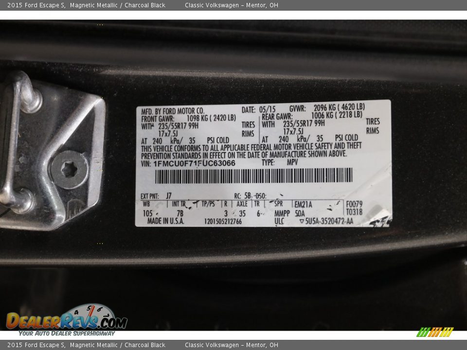 2015 Ford Escape S Magnetic Metallic / Charcoal Black Photo #20