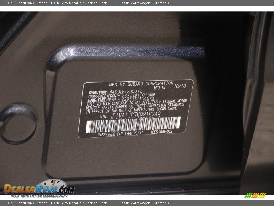 2019 Subaru WRX Limited Dark Gray Metallic / Carbon Black Photo #28