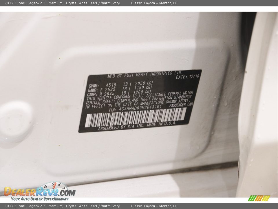 2017 Subaru Legacy 2.5i Premium Crystal White Pearl / Warm Ivory Photo #21