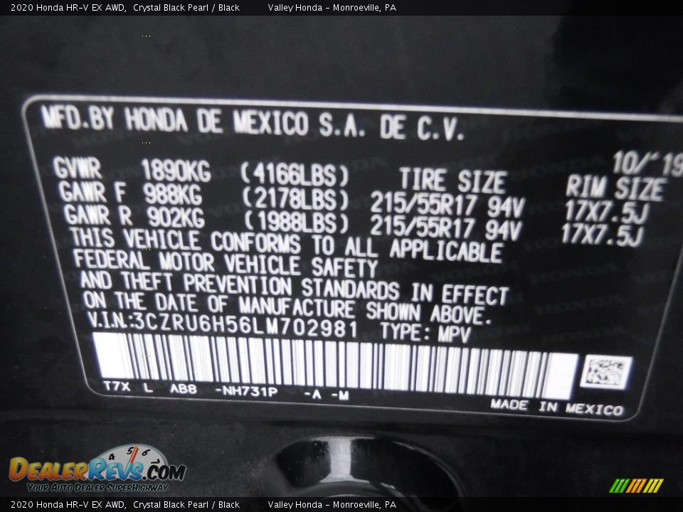 2020 Honda HR-V EX AWD Crystal Black Pearl / Black Photo #28