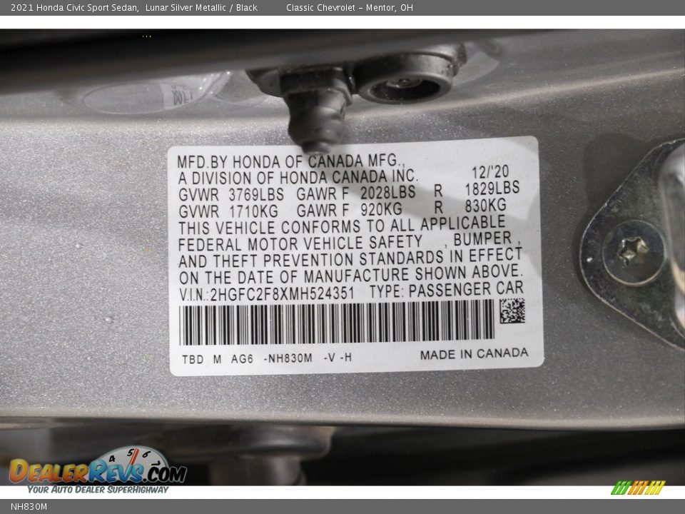 Honda Color Code NH830M Lunar Silver Metallic