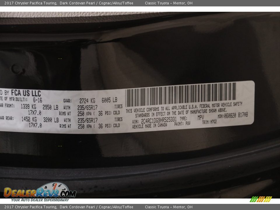 2017 Chrysler Pacifica Touring Dark Cordovan Pearl / Cognac/Alloy/Toffee Photo #26