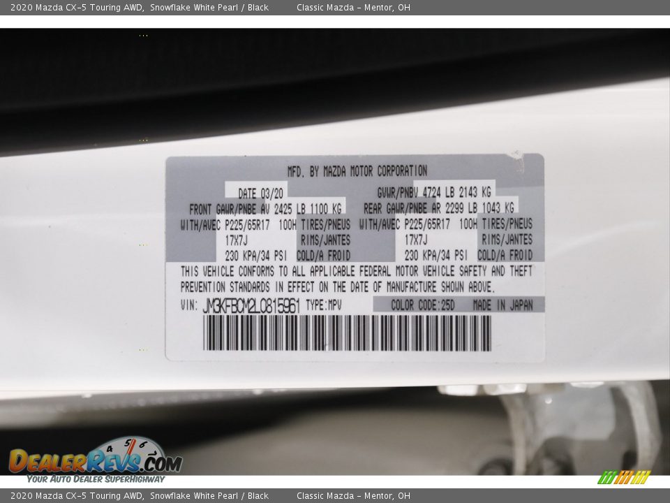 2020 Mazda CX-5 Touring AWD Snowflake White Pearl / Black Photo #22