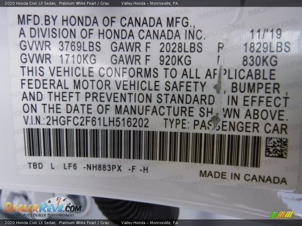 2020 Honda Civic LX Sedan Platinum White Pearl / Gray Photo #27