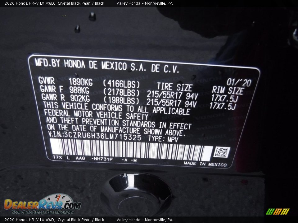 2020 Honda HR-V LX AWD Crystal Black Pearl / Black Photo #26