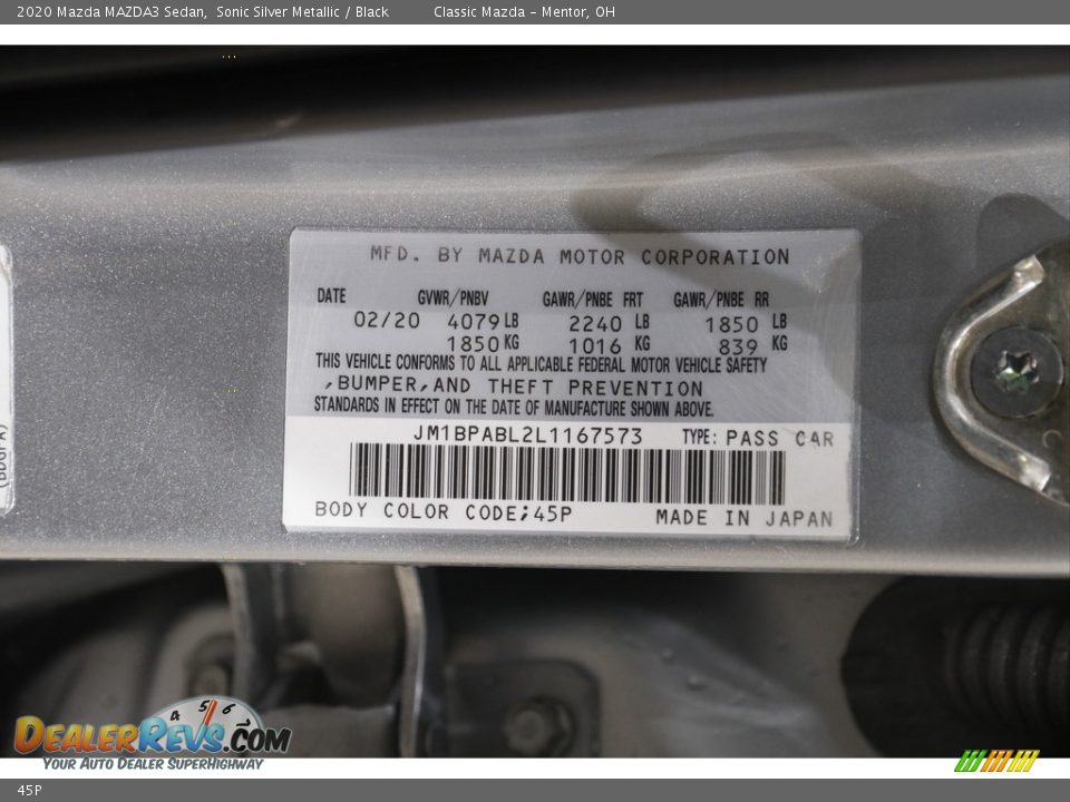 Mazda Color Code 45P Sonic Silver Metallic
