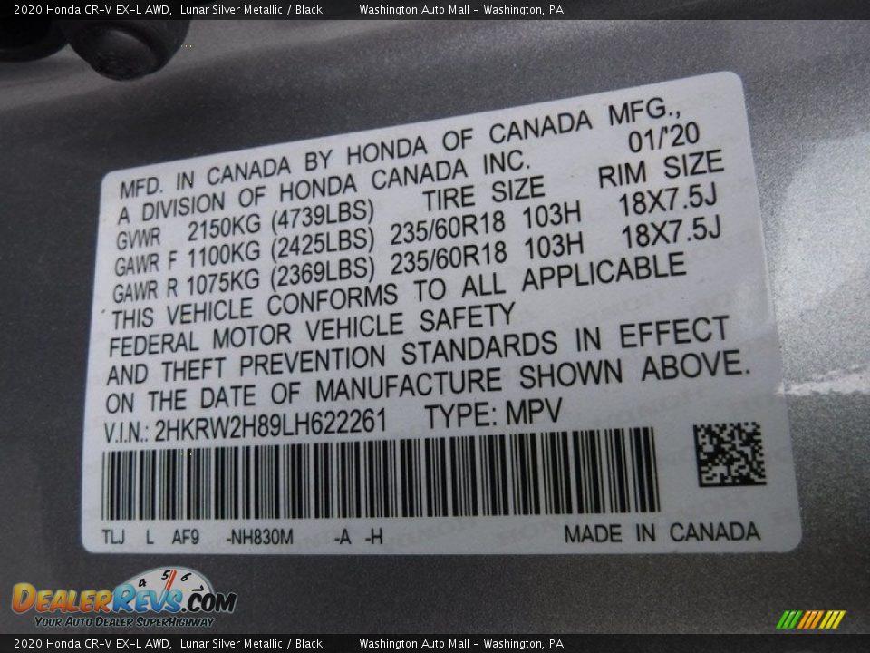 2020 Honda CR-V EX-L AWD Lunar Silver Metallic / Black Photo #31