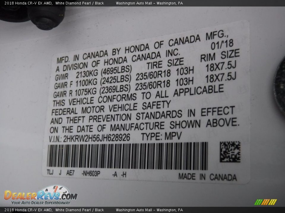 2018 Honda CR-V EX AWD White Diamond Pearl / Black Photo #32
