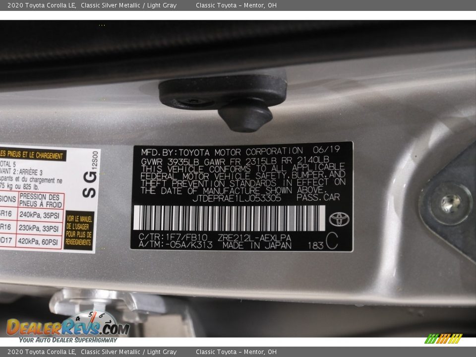 2020 Toyota Corolla LE Classic Silver Metallic / Light Gray Photo #19