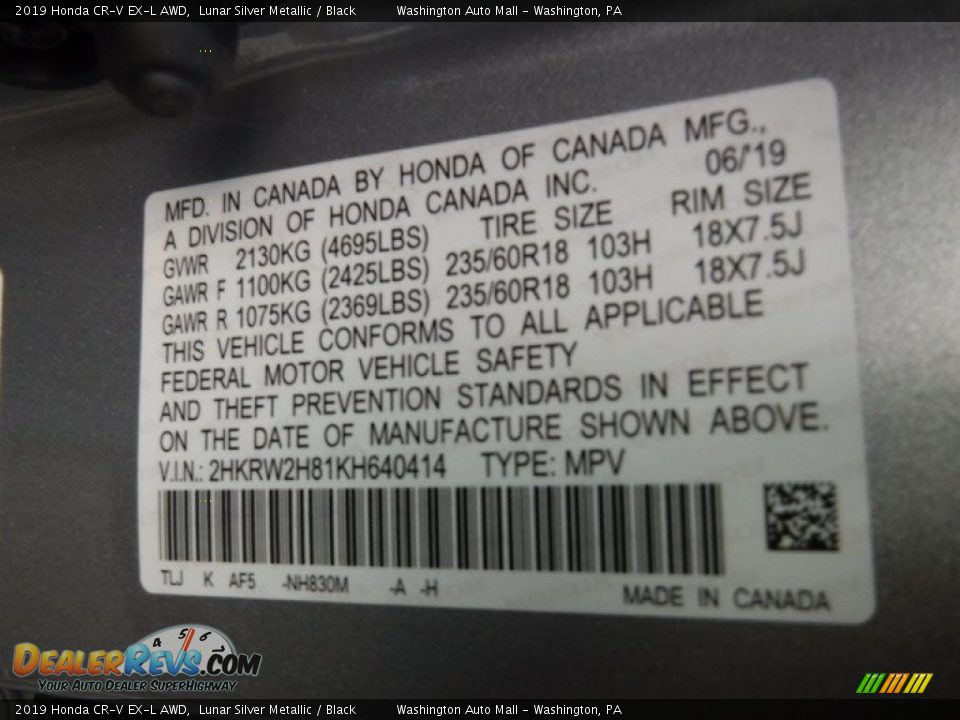 2019 Honda CR-V EX-L AWD Lunar Silver Metallic / Black Photo #34