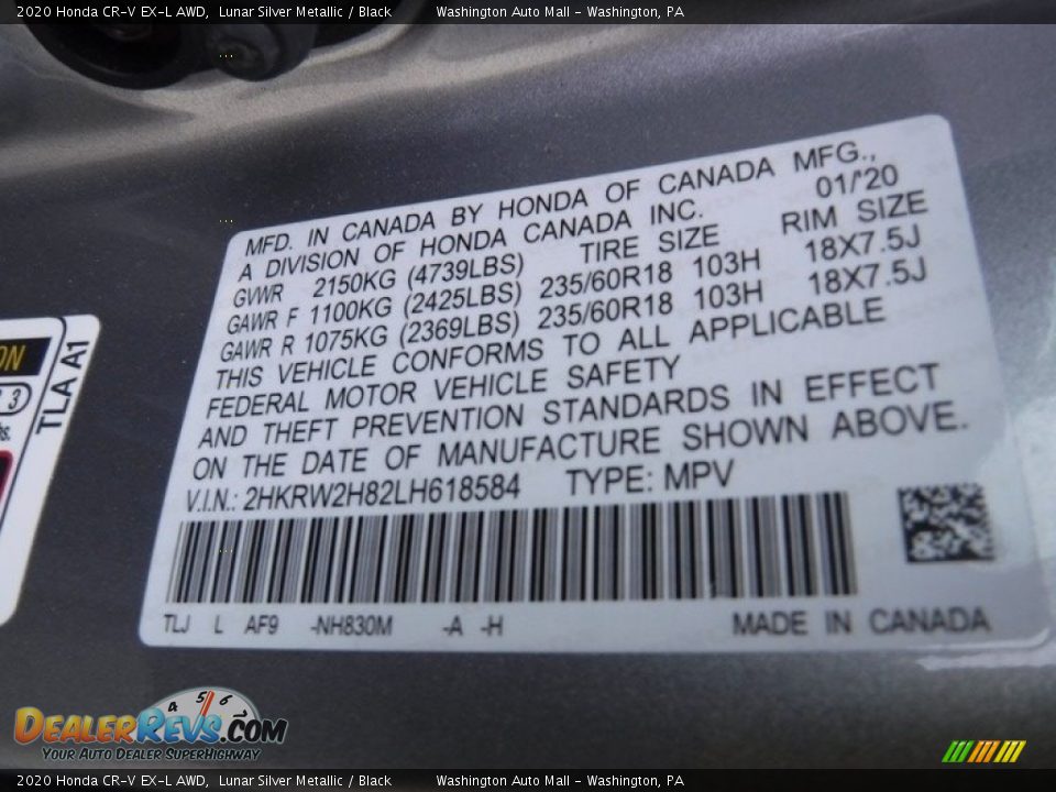 2020 Honda CR-V EX-L AWD Lunar Silver Metallic / Black Photo #32