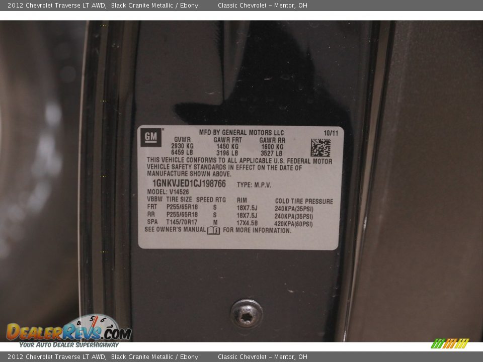 2012 Chevrolet Traverse LT AWD Black Granite Metallic / Ebony Photo #24