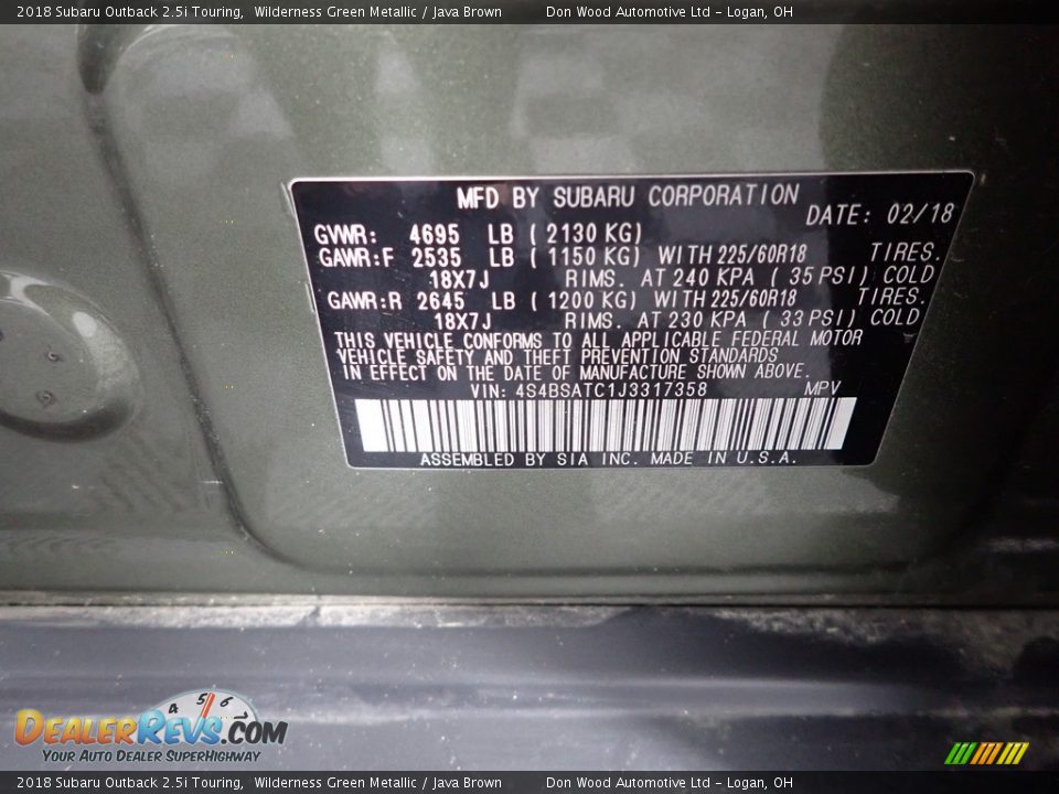 2018 Subaru Outback 2.5i Touring Wilderness Green Metallic / Java Brown Photo #36