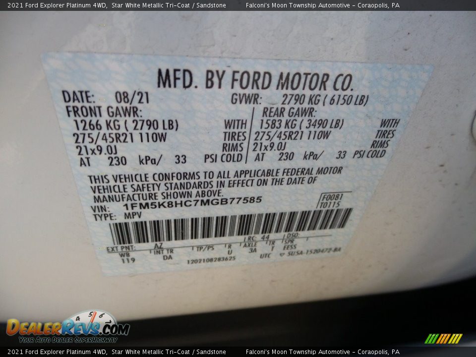 2021 Ford Explorer Platinum 4WD Star White Metallic Tri-Coat / Sandstone Photo #27