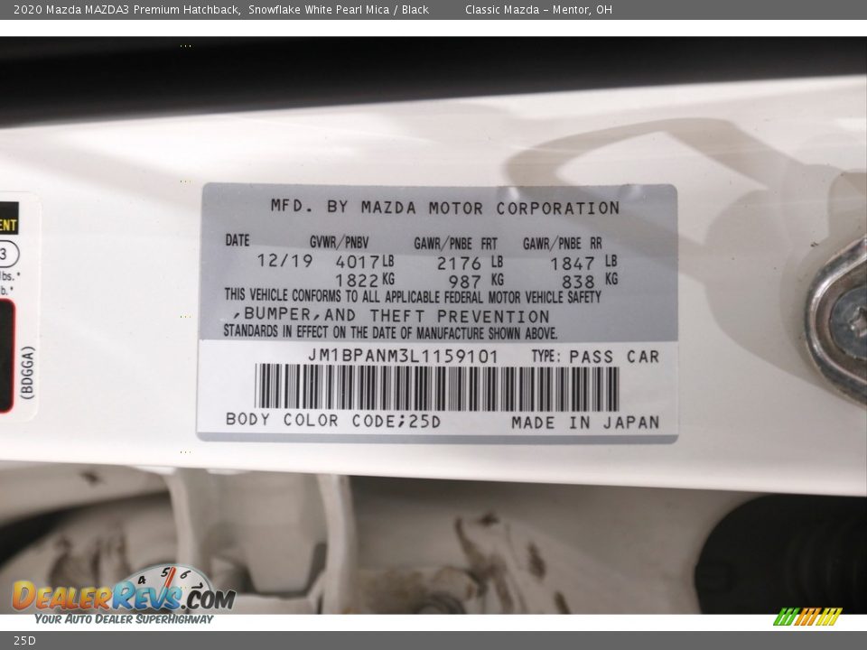 Mazda Color Code 25D Snowflake White Pearl Mica