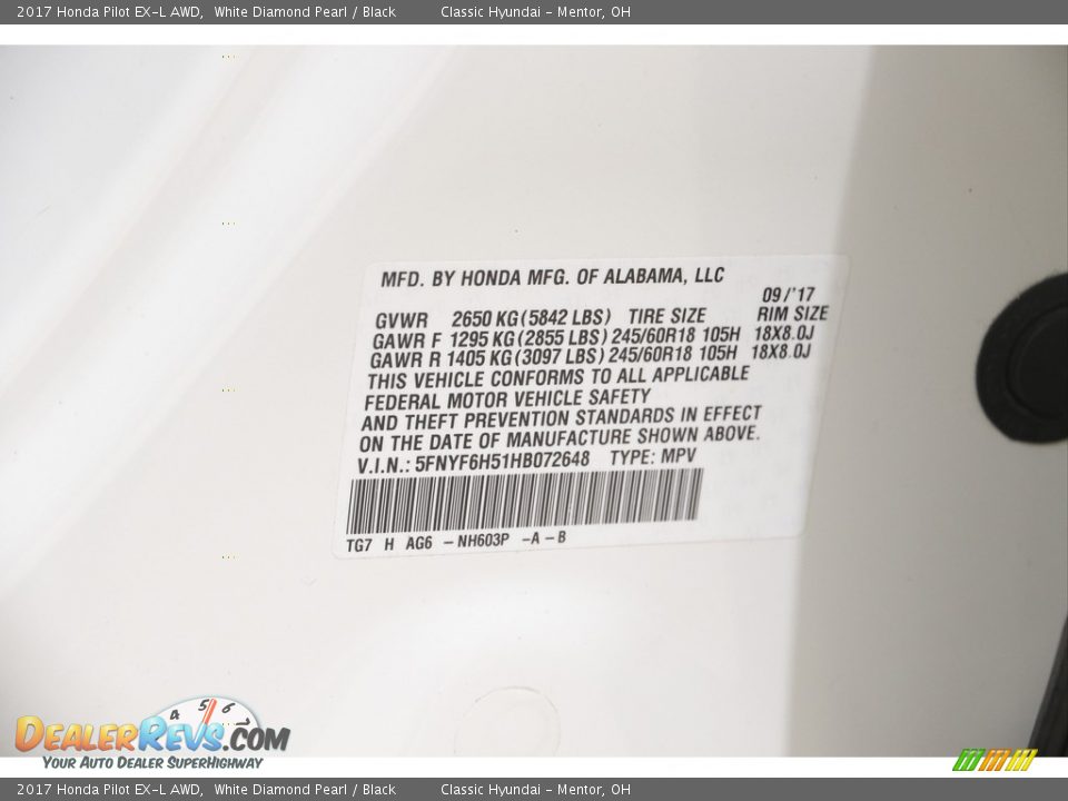 2017 Honda Pilot EX-L AWD White Diamond Pearl / Black Photo #23
